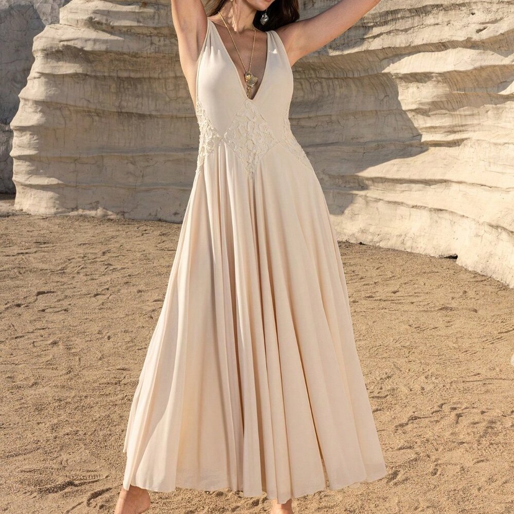 Apricot Elegant Women's Maxi Dress Deep V-Neck Mesh Patchwork Backless A-Line - Picture 5 of 6